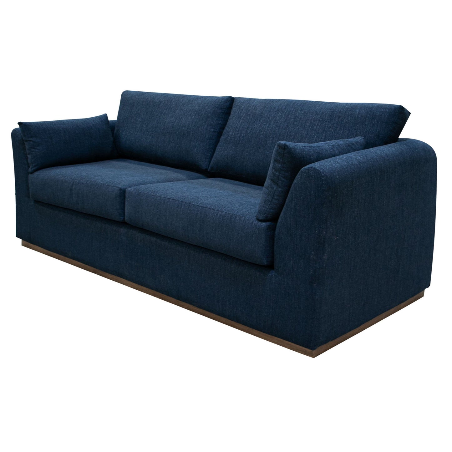 Canapé Sian, polyester bleu marine, 2 coussins décoratifs, pin massif, 228 cm