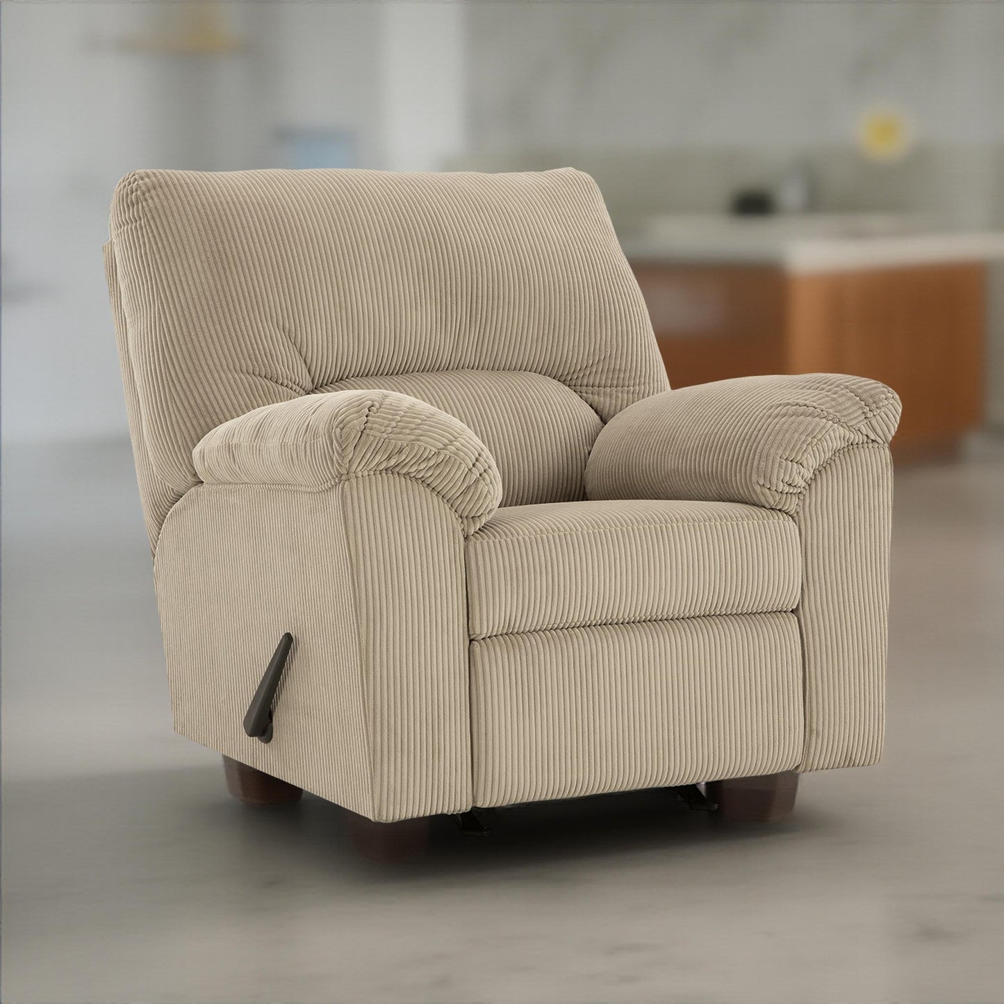 Fauteuil inclinable à bascule Simy, accoudoirs coussinés, velours côtelé blanc crème