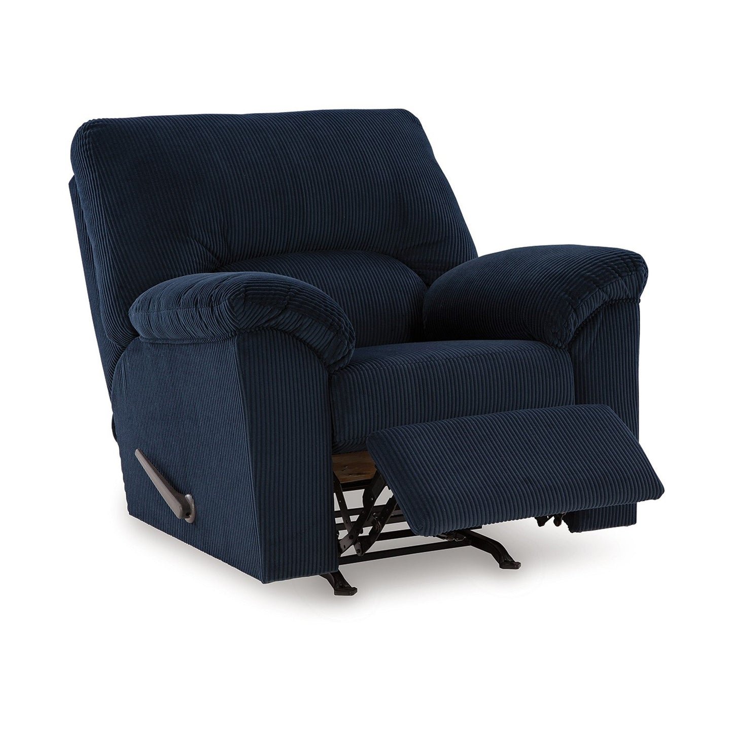 Fauteuil inclinable à bascule Simy, accoudoirs coussinés, velours côtelé bleu marine foncé