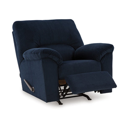 Fauteuil inclinable à bascule Simy, accoudoirs coussinés, velours côtelé bleu marine foncé