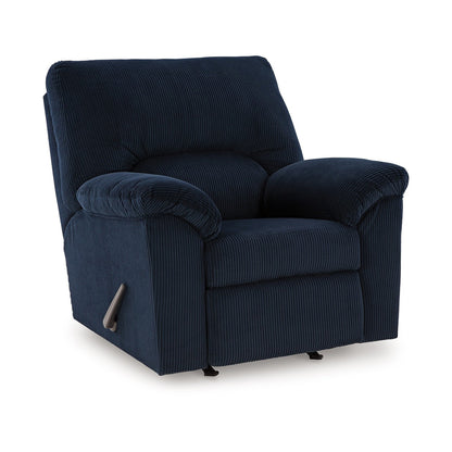 Fauteuil inclinable à bascule Simy, accoudoirs coussinés, velours côtelé bleu marine foncé