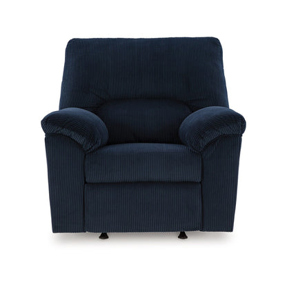 Fauteuil inclinable à bascule Simy, accoudoirs coussinés, velours côtelé bleu marine foncé