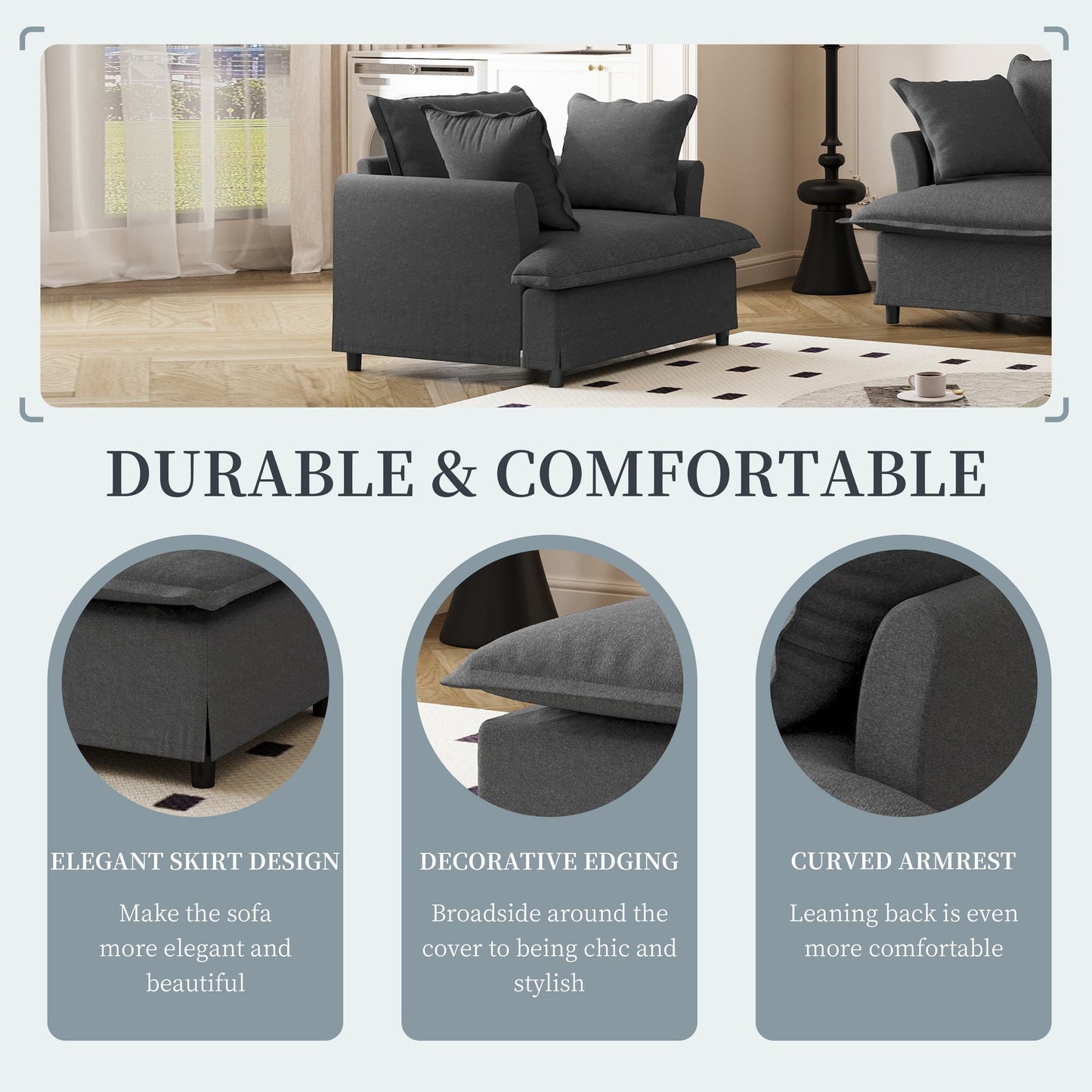 Module de canapé 1 place pour canapé sectionnel modulaire, fauteuil à assise large en chenille avec coussins, canapé 1 place rembourré