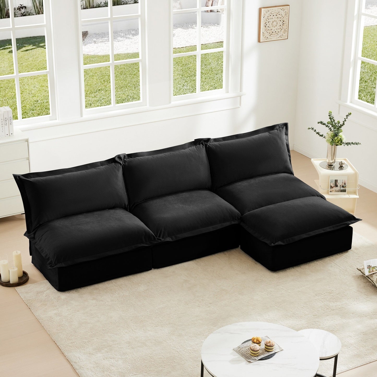 Canapé 3 places modulaire moderne rembourré sans accoudoirs avec housse et pouf réversible