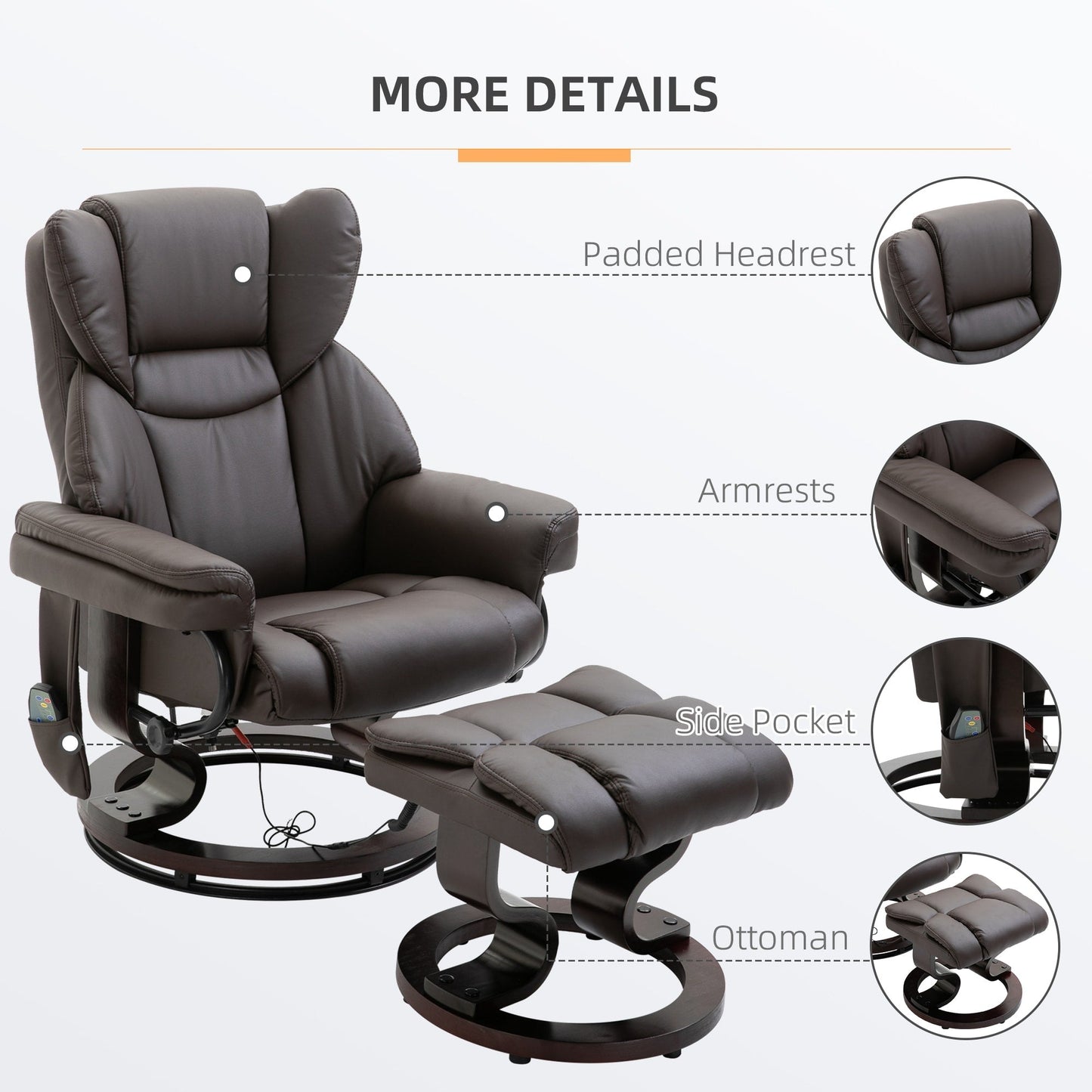 Petit fauteuil inclinable en similicuir avec ottoman, massage 10 zones, rotation à 360° et télécommande