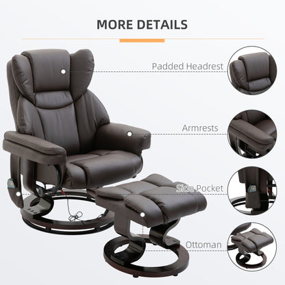 Petit fauteuil inclinable en similicuir avec ottoman, massage 10 zones, rotation à 360° et télécommande