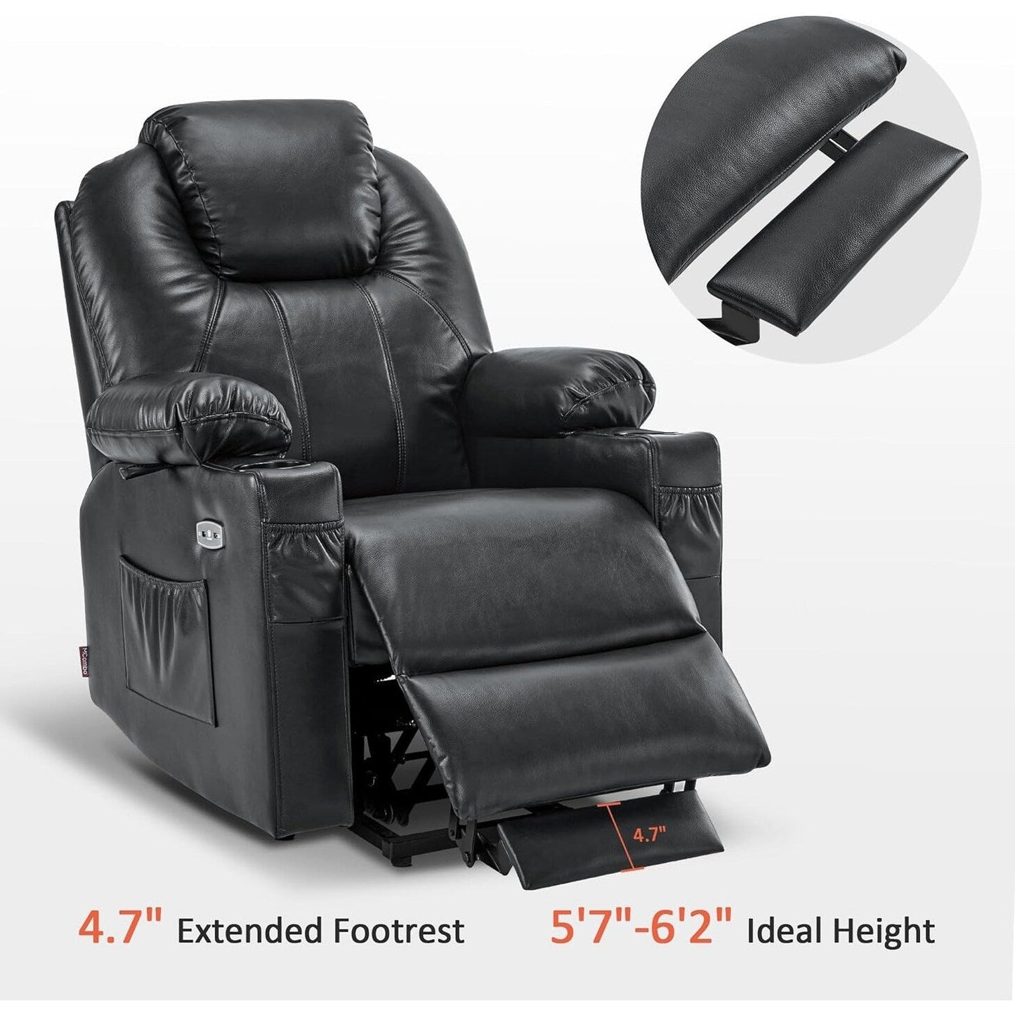 Fauteuil inclinable électrique MCombo Small avec massage et chauffage pour personnes âgées, 3 positions et ports USB, similicuir 7141