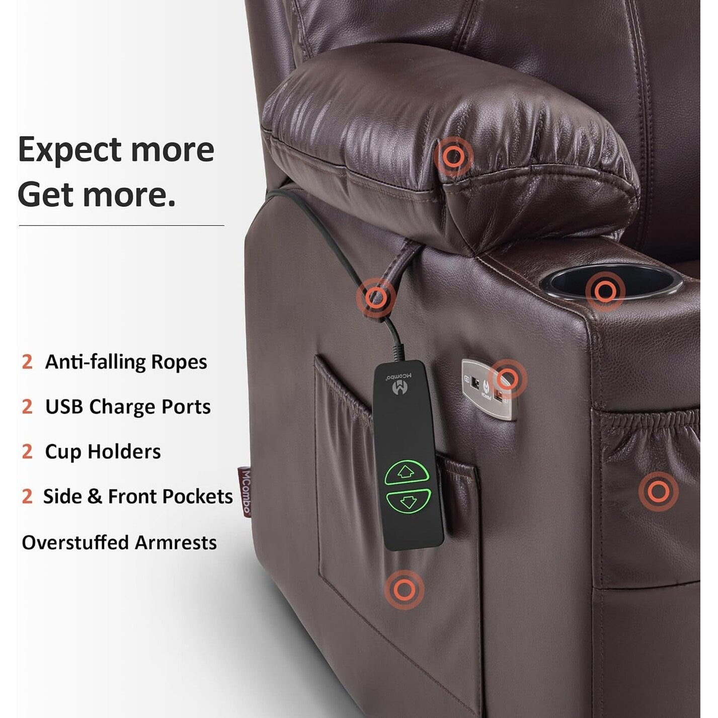 Fauteuil inclinable électrique MCombo Small avec massage et chauffage pour personnes âgées, 3 positions et ports USB, similicuir 7141