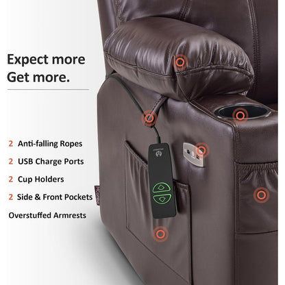 Fauteuil inclinable électrique MCombo Small avec massage et chauffage pour personnes âgées, 3 positions et ports USB, similicuir 7141