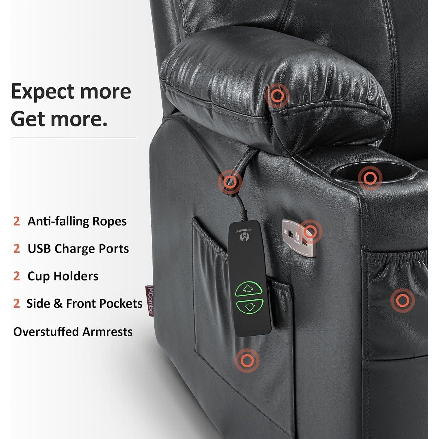 Fauteuil inclinable électrique MCombo Small avec massage et chauffage pour personnes âgées, 3 positions et ports USB, similicuir 7141