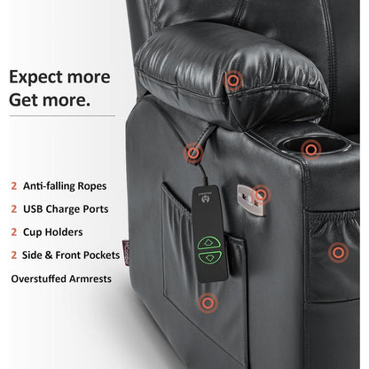 Fauteuil inclinable électrique MCombo Small avec massage et chauffage pour personnes âgées, 3 positions et ports USB, similicuir 7141