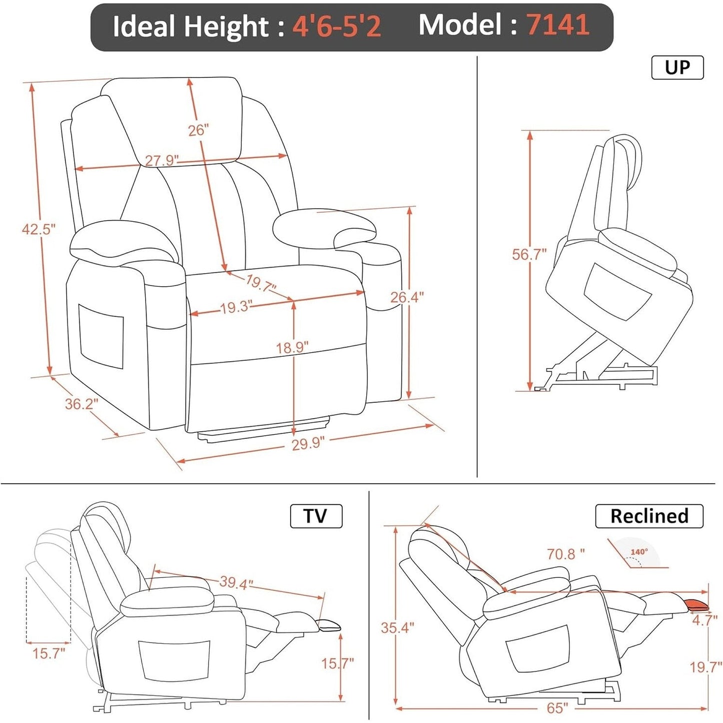 Fauteuil inclinable électrique MCombo Small avec massage et chauffage pour personnes âgées, 3 positions et ports USB, similicuir 7141