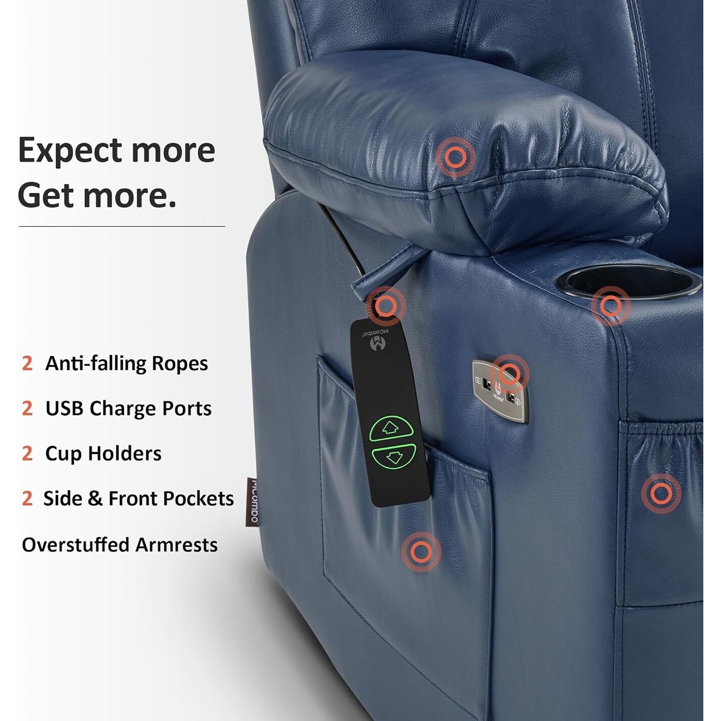 Fauteuil inclinable électrique MCombo Small avec massage et chauffage pour personnes âgées, 3 positions et ports USB, similicuir 7141