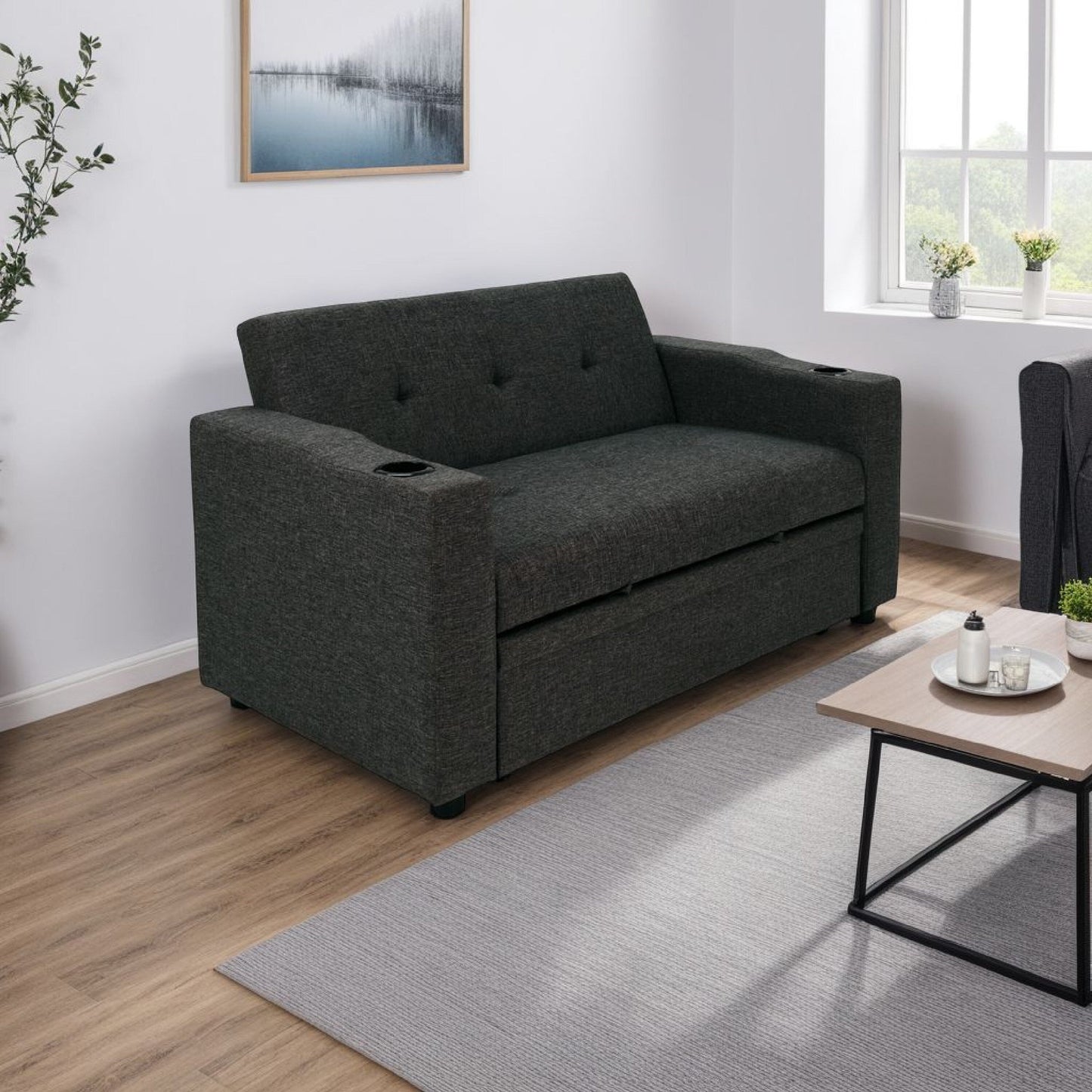 Canapé convertible Soen avec lit gigogne, 2 oreillers, gris anthracite