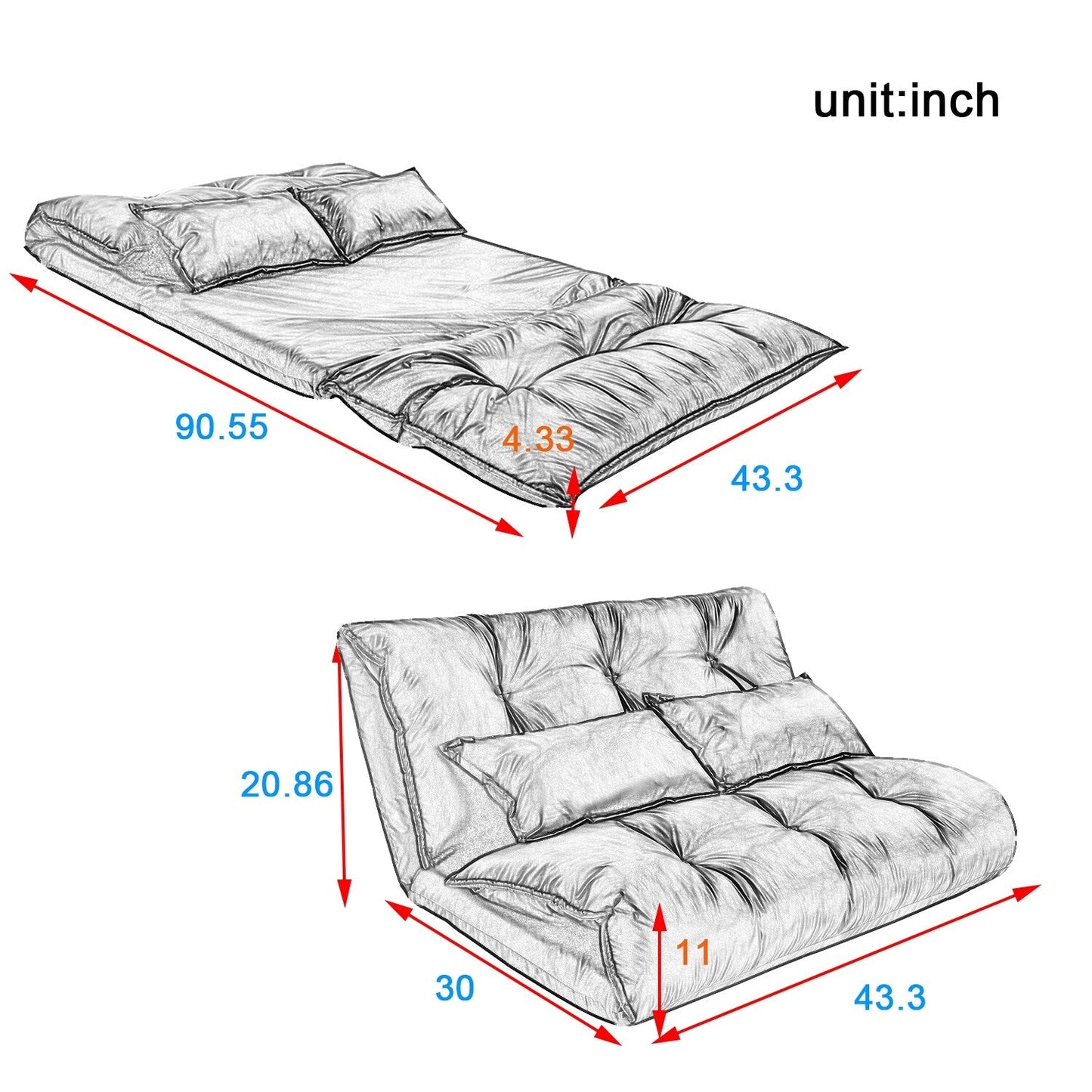 Canapé-lit futon pliable réglable Nestfair avec 2 oreillers