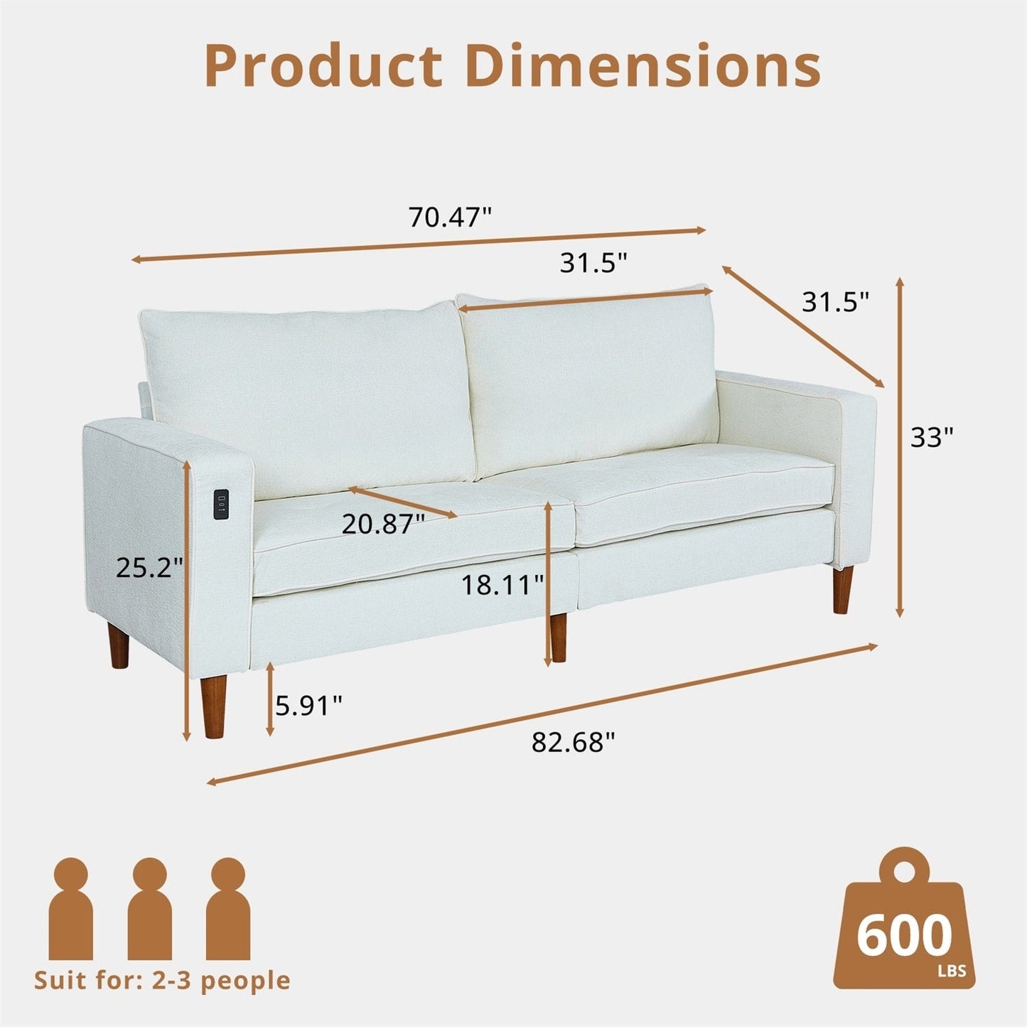 82,7 canapés pour le salon, canapés causeuse confortables, canapé causeuse en velours côtelé, montage facile avec port USB