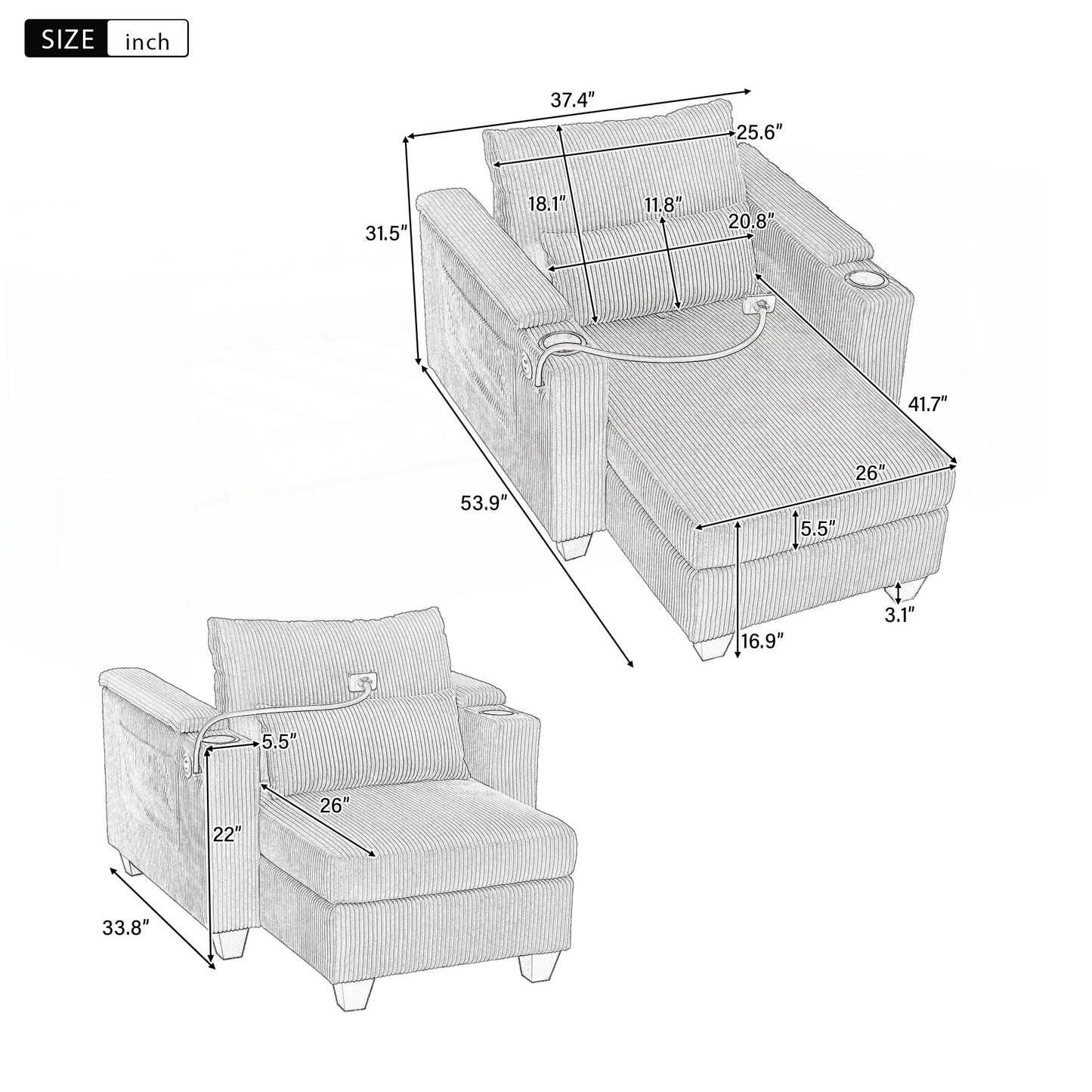 Canapé-lit en velours côtelé avec ports USB