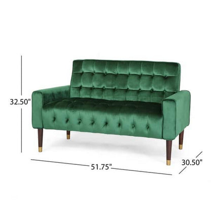 Canapé-salon capitonné de 132 cm, style banc, en velours vert émeraude, pieds en bois
