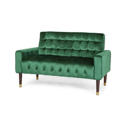 Canapé-salon capitonné de 132 cm, style banc, en velours vert émeraude, pieds en bois