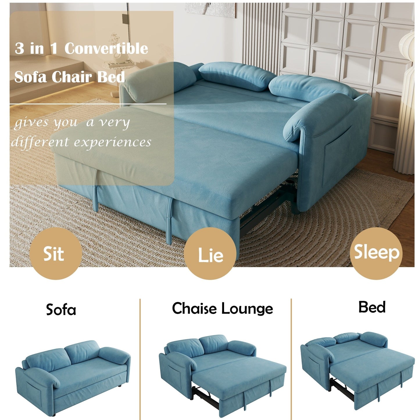 Présentation du canapé : Canapé-lit 54 pouces en velours bleu – Un bijou de salon à double usage avec option lit escamotable