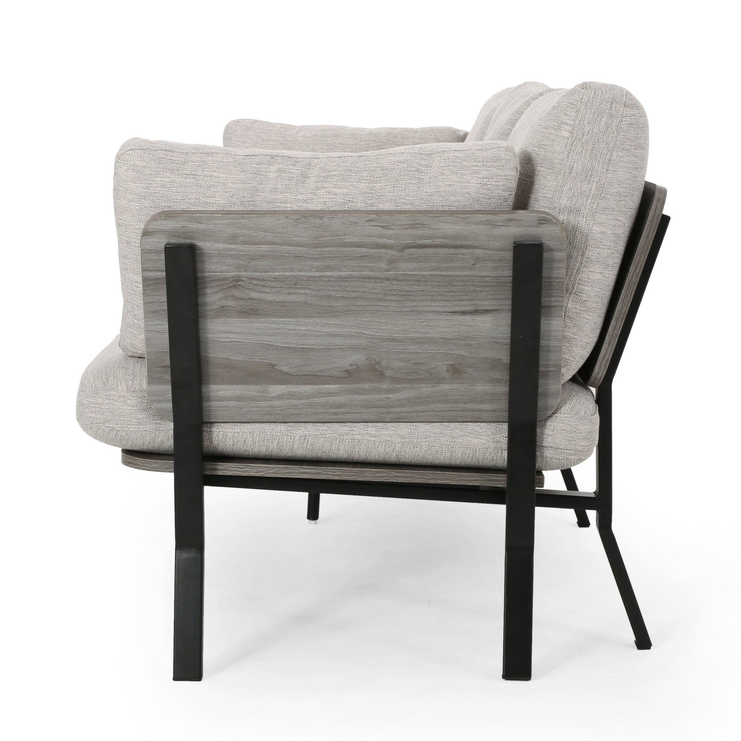 Canapé 3 places, pieds inclinés, 203 cm, coussins en tissu gris clair moelleux