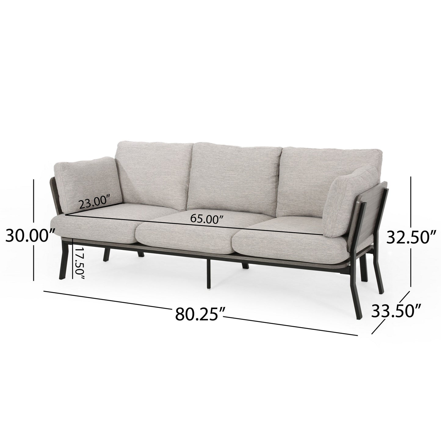 Canapé 3 places, pieds inclinés, 203 cm, coussins en tissu gris clair moelleux