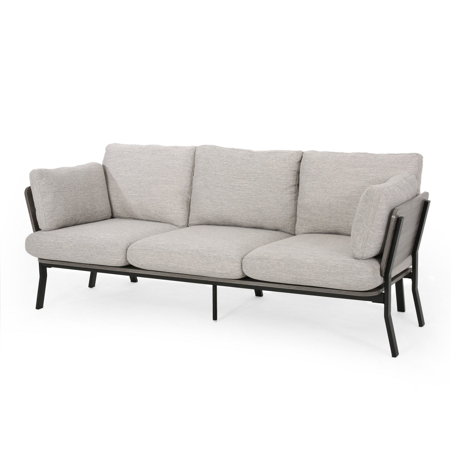 Canapé 3 places, pieds inclinés, 203 cm, coussins en tissu gris clair moelleux