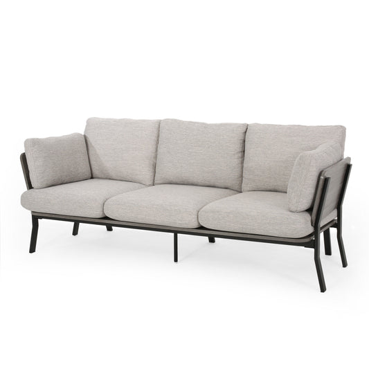 Canapé 3 places, pieds inclinés, 203 cm, coussins en tissu gris clair moelleux