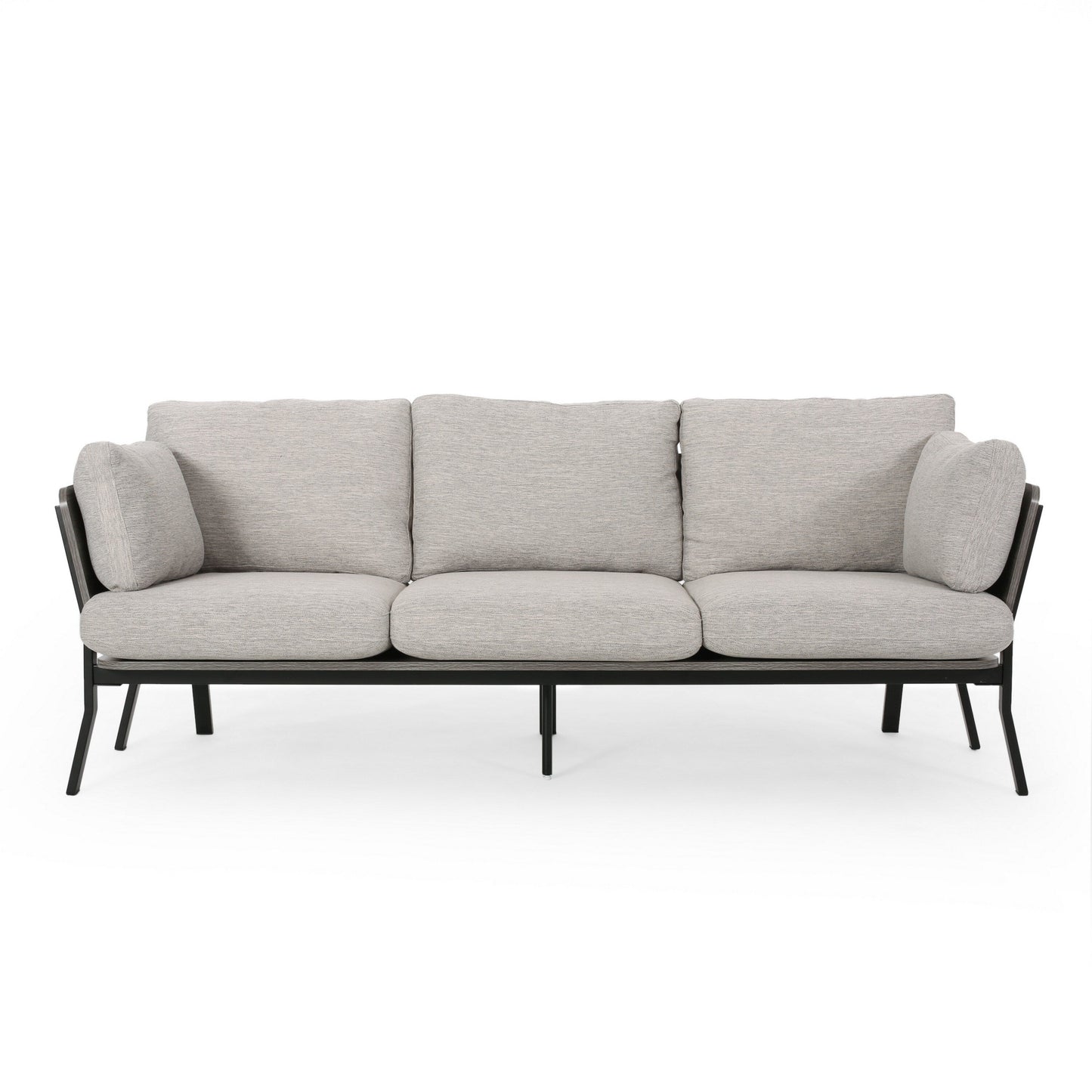 Canapé 3 places, pieds inclinés, 203 cm, coussins en tissu gris clair moelleux