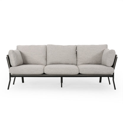 Canapé 3 places, pieds inclinés, 203 cm, coussins en tissu gris clair moelleux