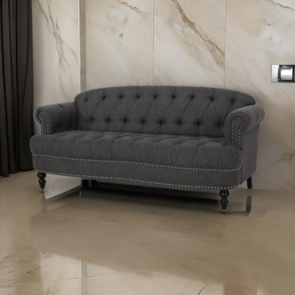 Canapé 3 places 74 pouces, détails rivetés, tissu gris anthracite capitonné à boutons