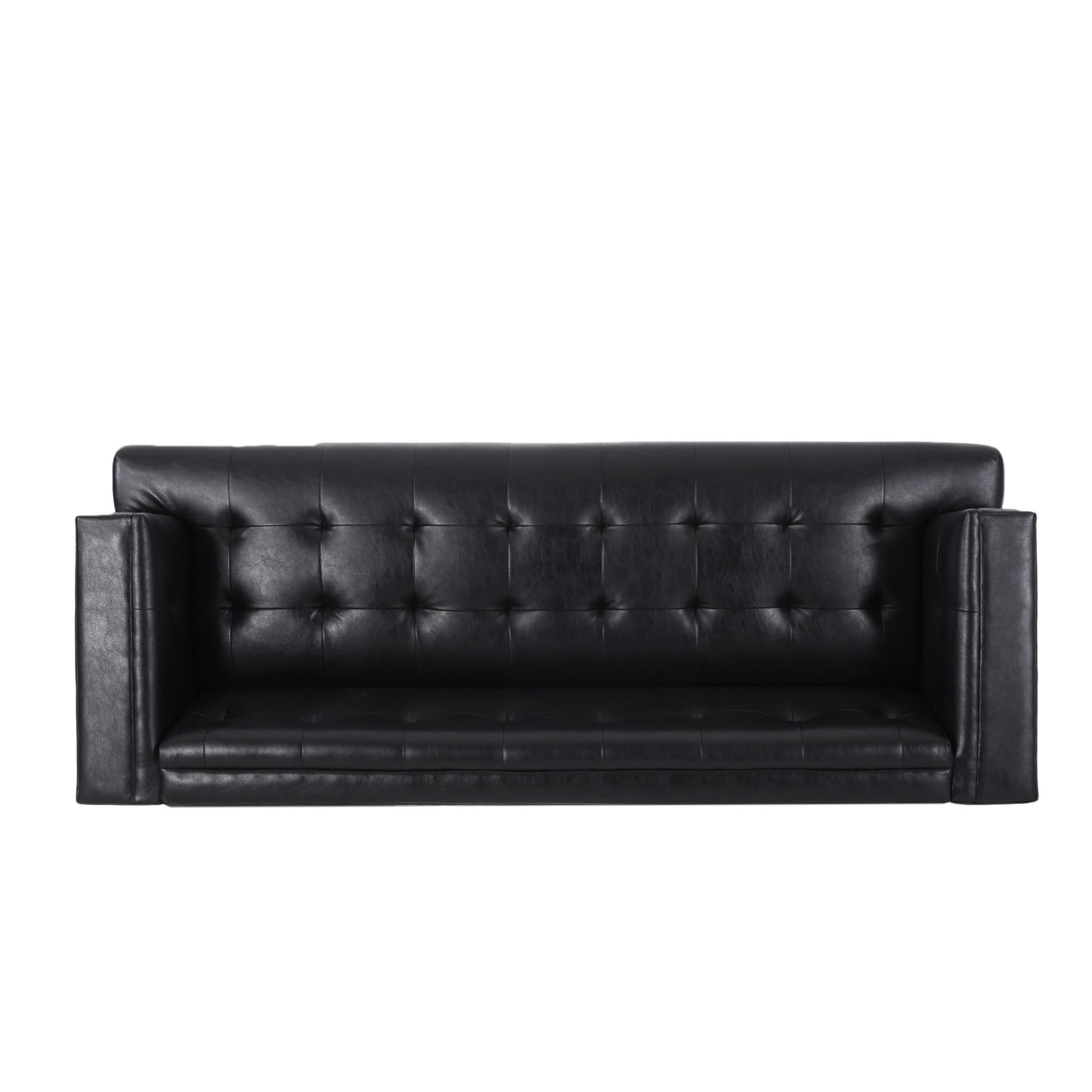 Canapé 3 places 81 pouces, capitonné, similicuir noir, cadre en bois marron