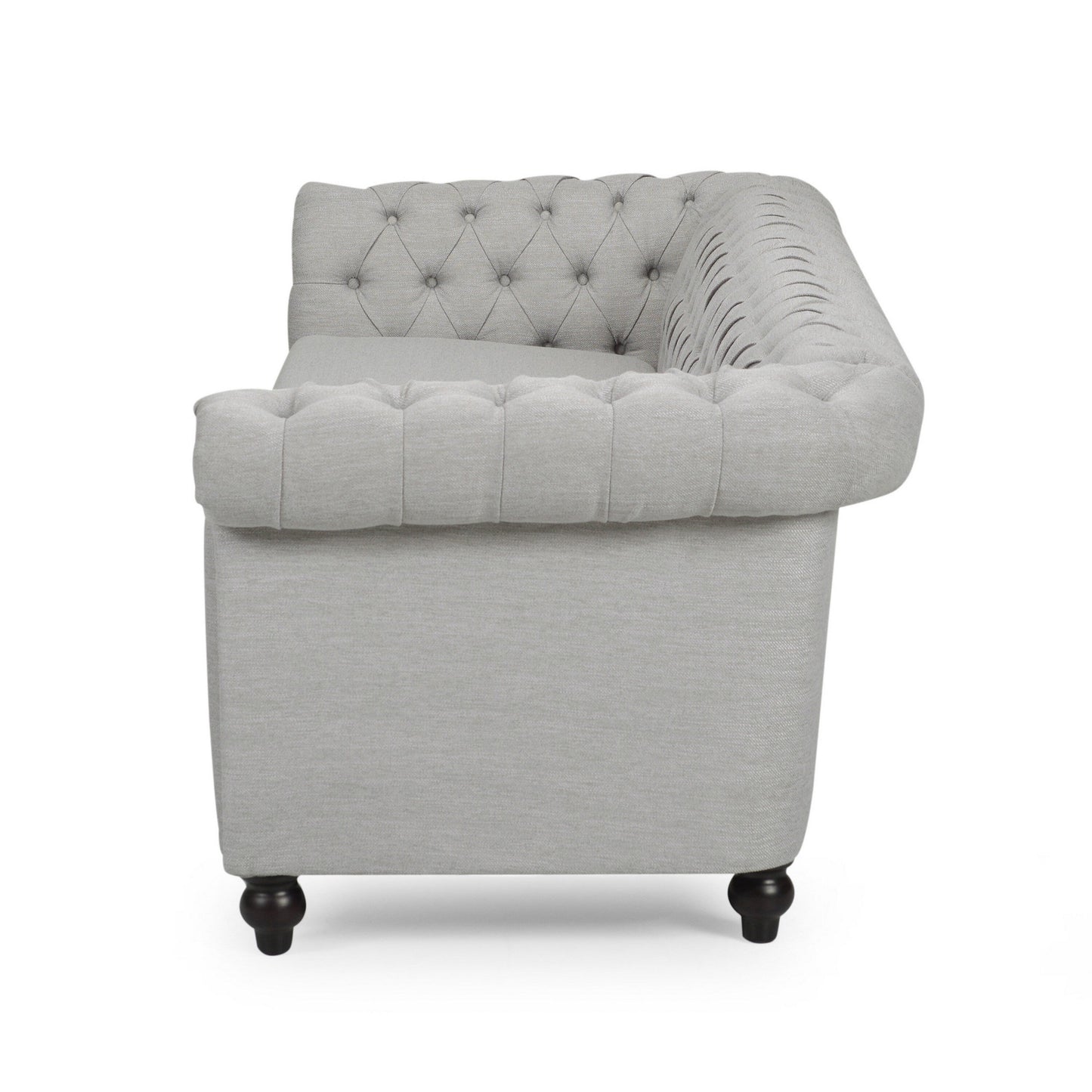 Canapé Chesterfield 85 pouces, tissu capitonné gris clair