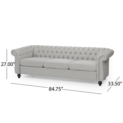 Canapé Chesterfield 85 pouces, tissu capitonné gris clair