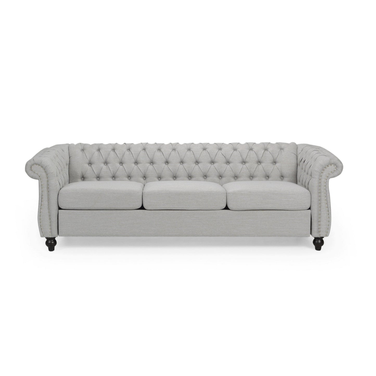 Canapé Chesterfield 85 pouces, tissu capitonné gris clair