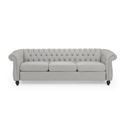 Canapé Chesterfield 85 pouces, tissu capitonné gris clair