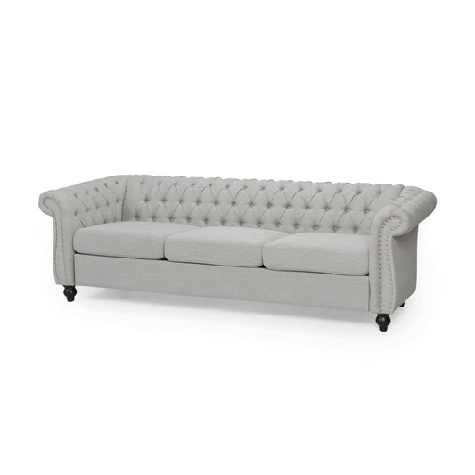 Canapé Chesterfield 85 pouces, tissu capitonné gris clair