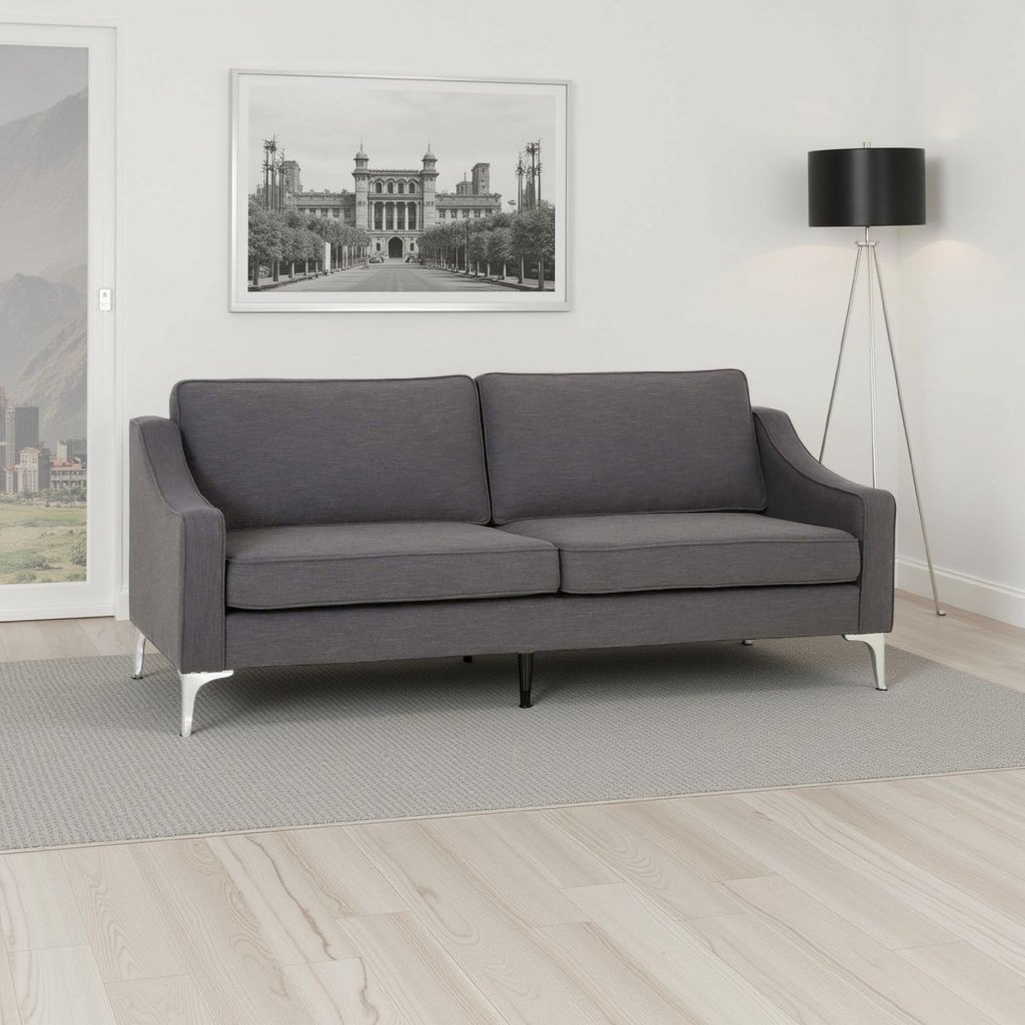 Canapé, coussins de dossier amovibles, revêtement en tissu gris, pieds chromés, 85 pouces