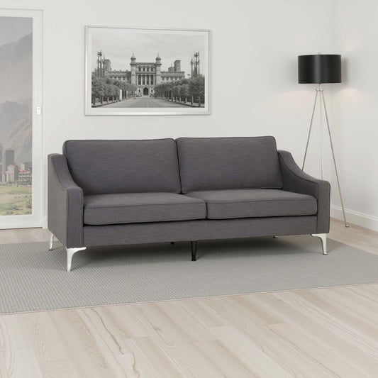 Canapé, coussins de dossier amovibles, revêtement en tissu gris, pieds chromés, 85 pouces