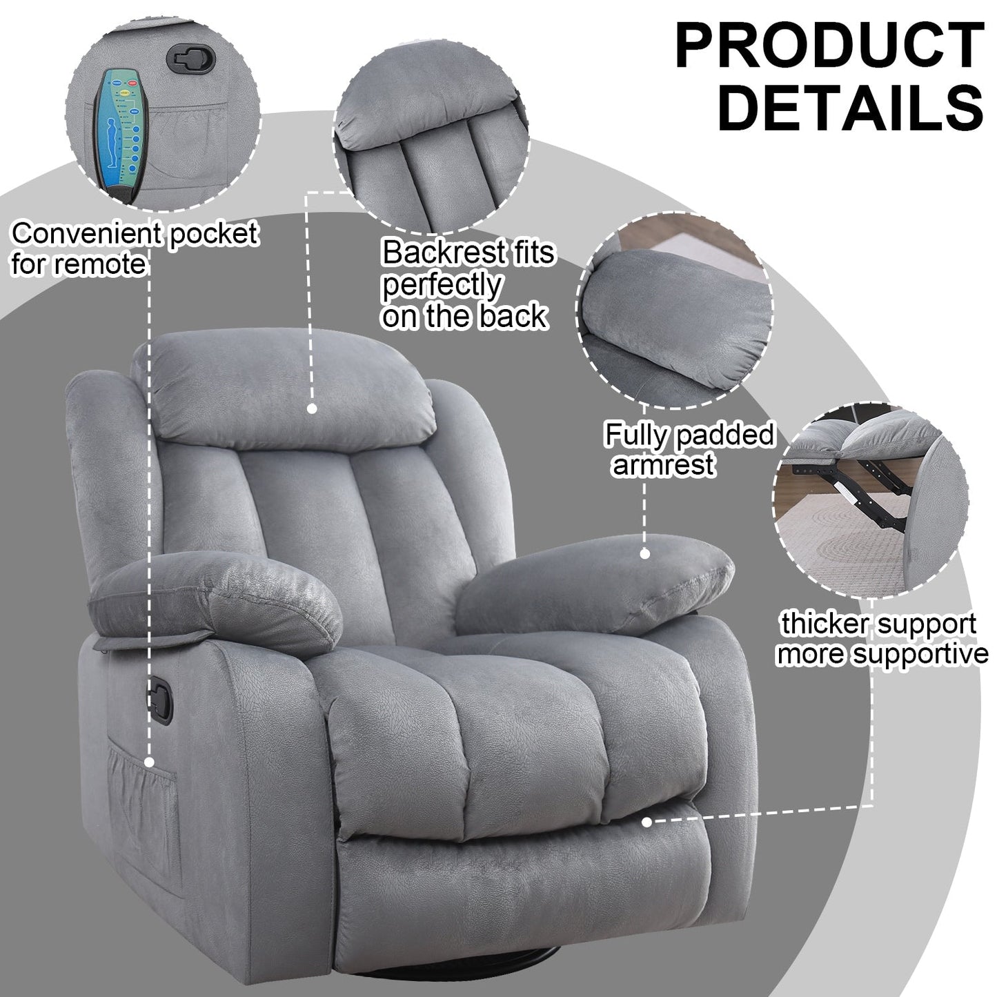 Fauteuil inclinable manuel en tissu doux avec masseur et chauffage