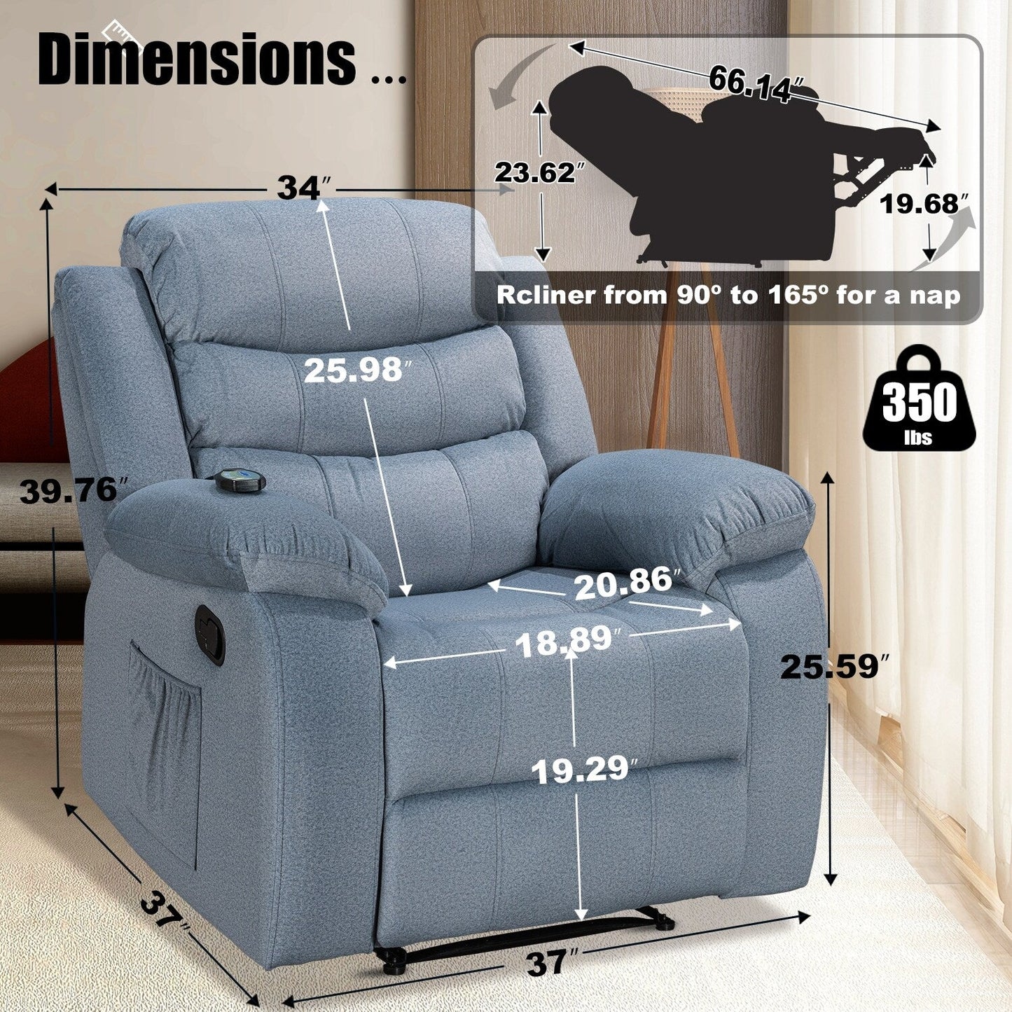 Fauteuil inclinable souple avec fonction massage et chauffage