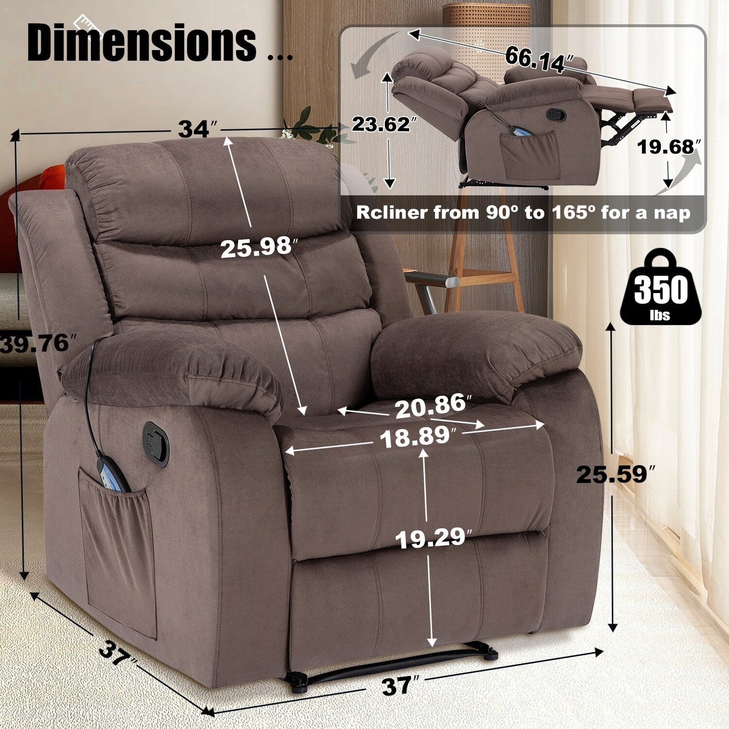 Fauteuil inclinable souple avec fonction massage et chauffage