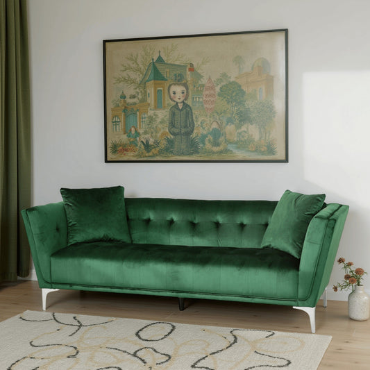 Canapé Sofy, 87 pouces, Chesterfield moderne en velours vert émeraude avec 2 oreillers