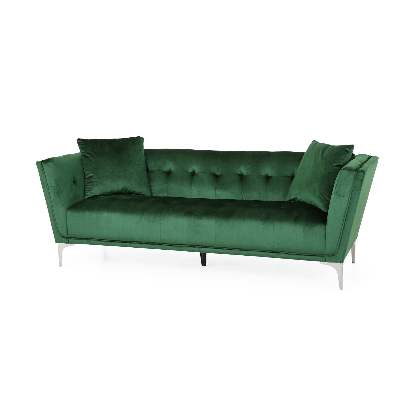 Canapé Sofy, 87 pouces, Chesterfield moderne en velours vert émeraude avec 2 oreillers
