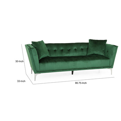 Canapé Sofy, 87 pouces, Chesterfield moderne en velours vert émeraude avec 2 oreillers