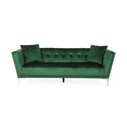 Canapé Sofy, 87 pouces, Chesterfield moderne en velours vert émeraude avec 2 oreillers