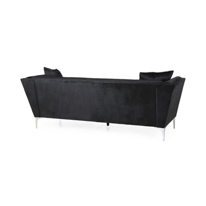 Canapé Sofy, Chesterfield moderne de 87 pouces, velours noir élégant avec 2 oreillers