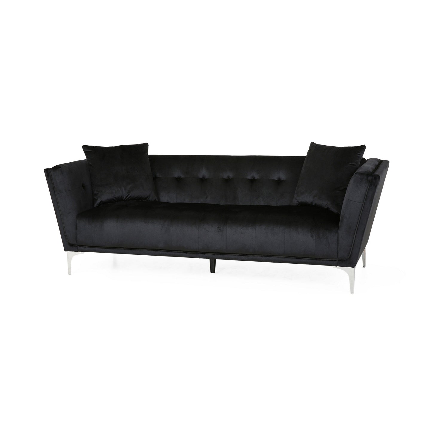 Canapé Sofy, Chesterfield moderne de 87 pouces, velours noir élégant avec 2 oreillers