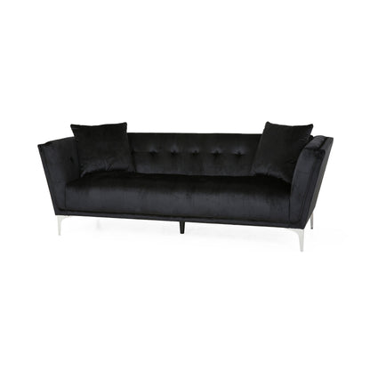 Canapé Sofy, Chesterfield moderne de 87 pouces, velours noir élégant avec 2 oreillers