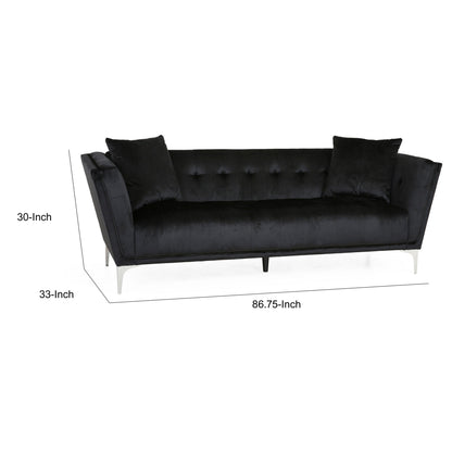 Canapé Sofy, Chesterfield moderne de 87 pouces, velours noir élégant avec 2 oreillers